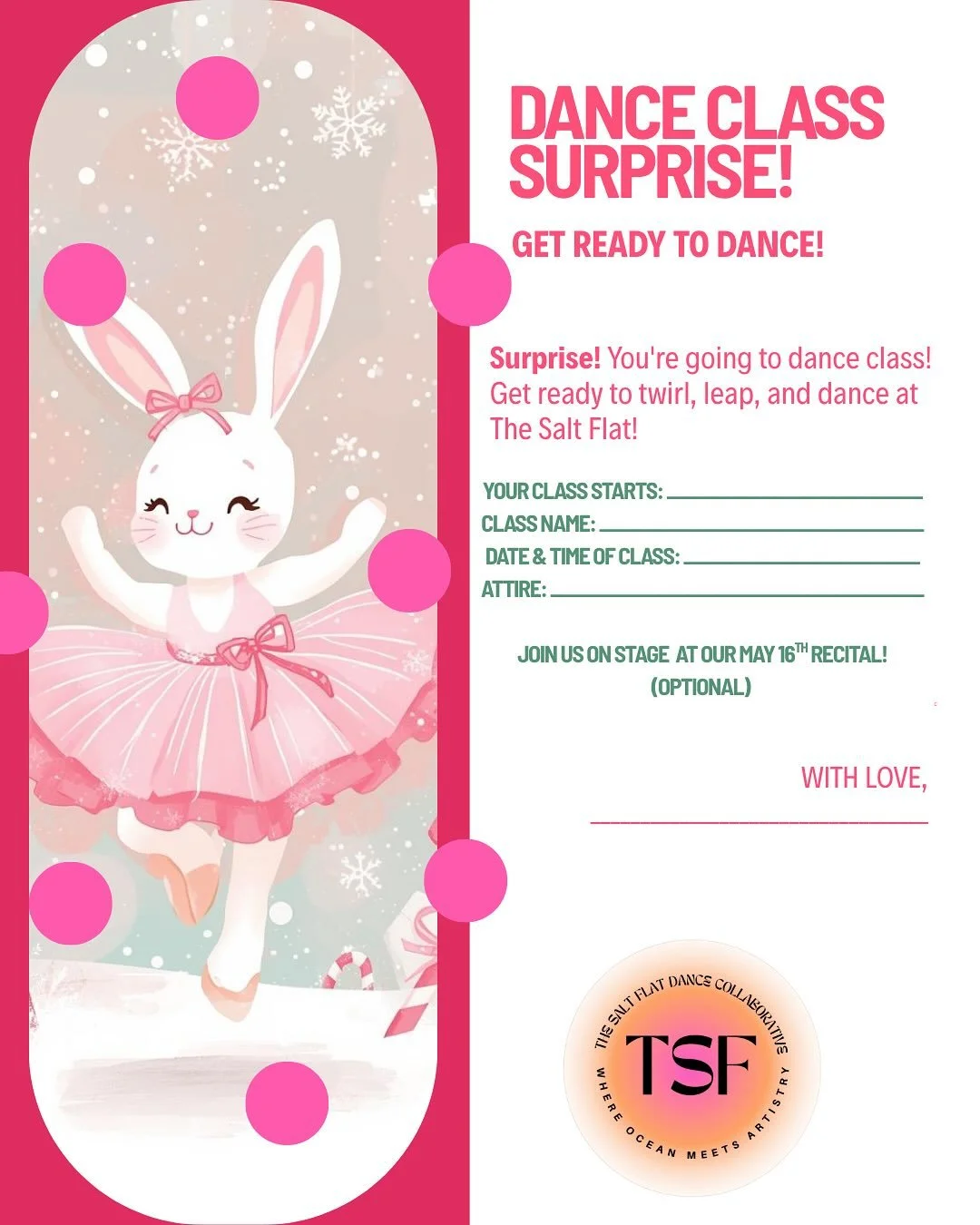 ✨ Give a Gift That Doesn&rsquo;t End Up on the Floor! ✨

Skip the toys this year and give an experience they&rsquo;ll remember!

Gift your dancer the joy of movement, music, and confidence with our Dance Class Surprise Gift Card! 💃

🎁 Choose Your G