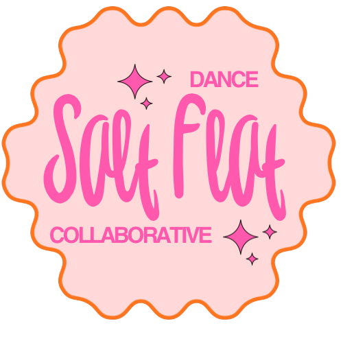 A pink and orange badge with the words "Dance Save Face Collaborative" and decorative stars.