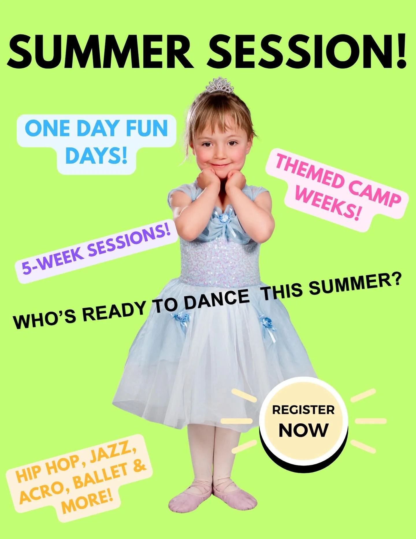 Summer spots are flying fast, and this is your sign to lock in the BEST summer ever for your little one! ☀️✨

From One Day Fun Days to 5-week sessions, plus all the themed magic your dancer will love at our week-long camps &mdash; K-pop, Swifty, Zomb