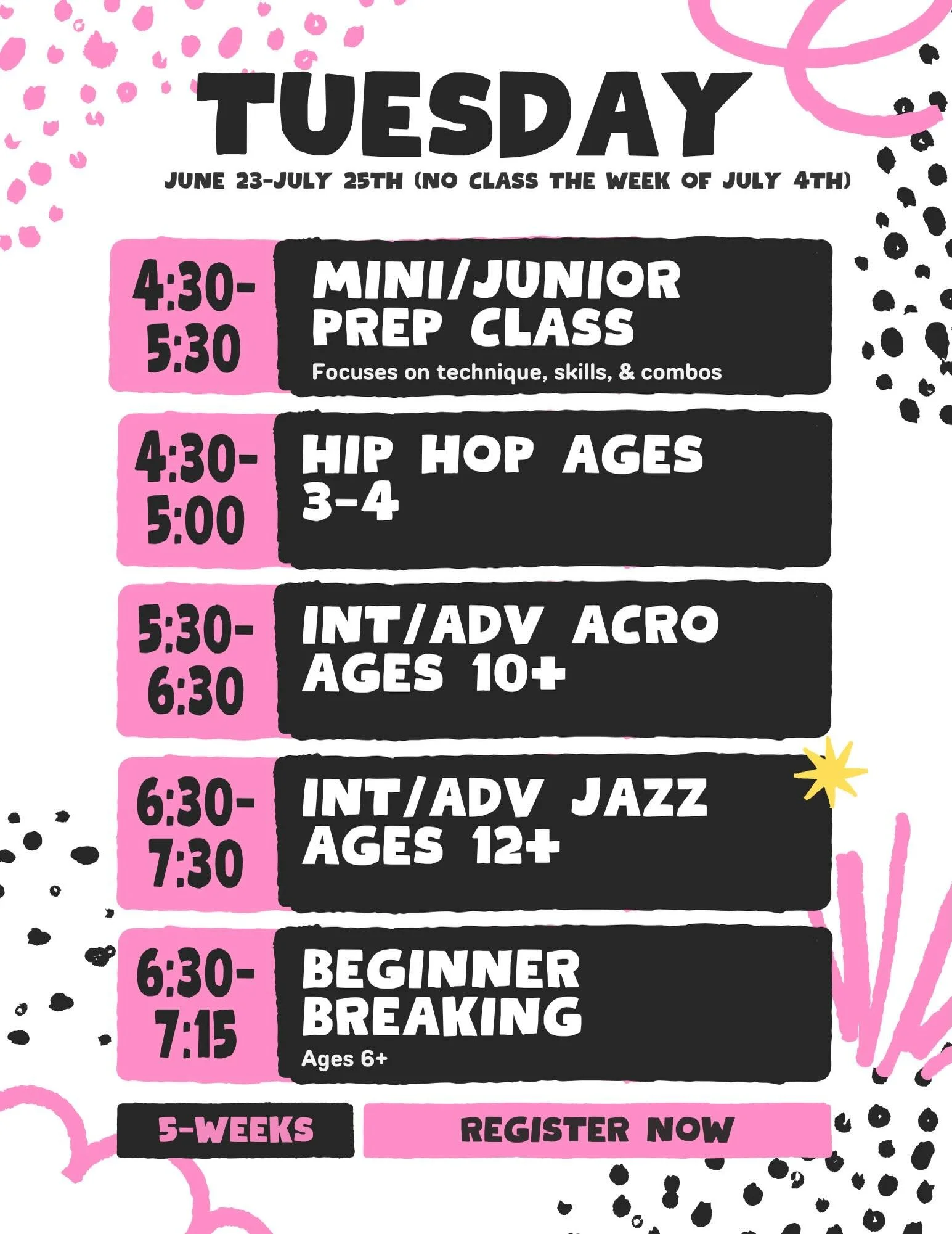 Our summer schedule is live! Classes start in just under a month&mdash;perfect time to build progress, learn new skills, and try new styles 🌞✨💃

We have an awesome lineup of teachers and fun planned for everyone this summer 😄🎉

Text Summer to 207