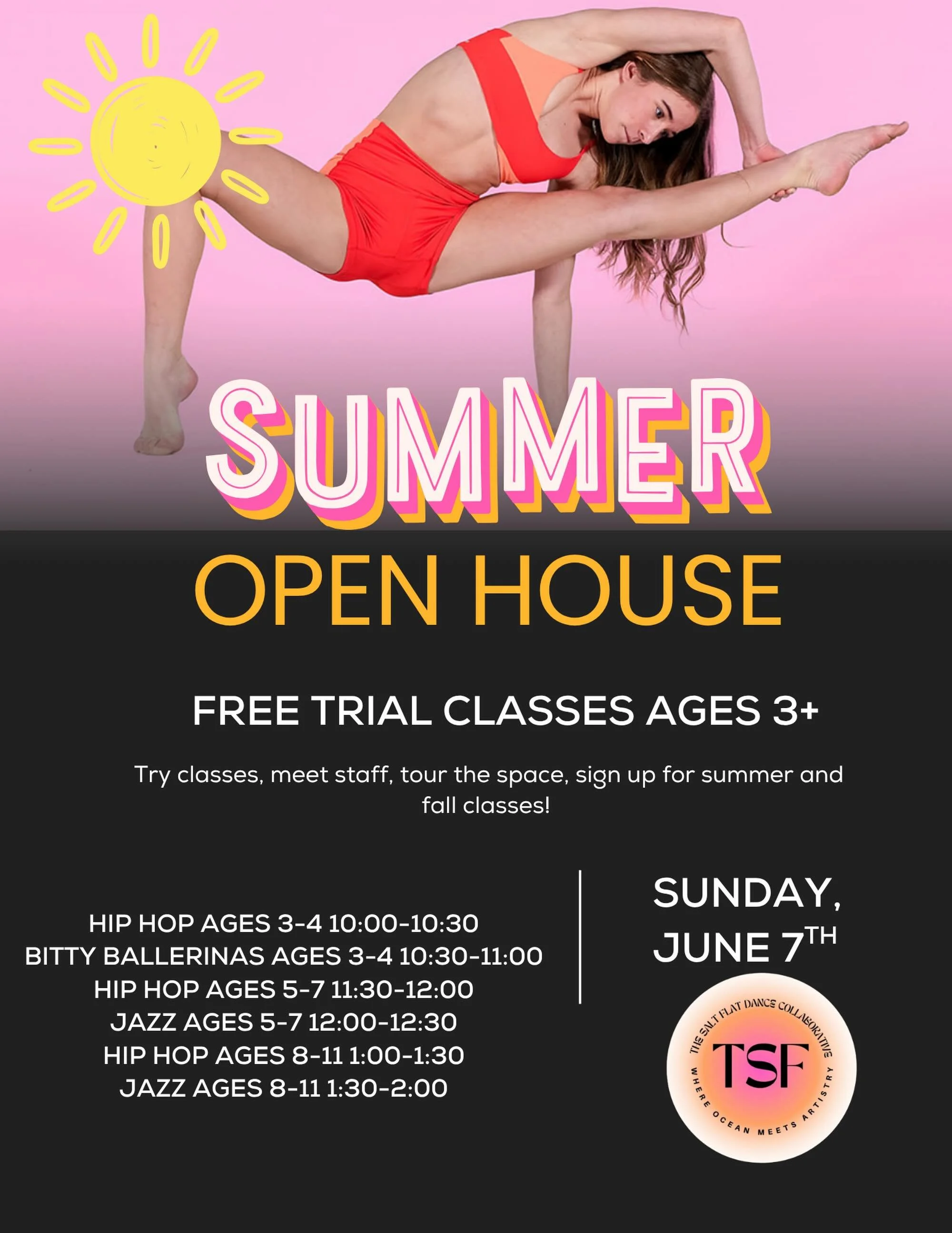 Get ready for a super fun open house! 🎉💃 We moved our Summer Open House to June 7 (still the same great vibes and fun)! Come tour our space, meet our staff, and jump into free dance classes&mdash;plus you&rsquo;ll get to enjoy bounce house fun 🏰✨

