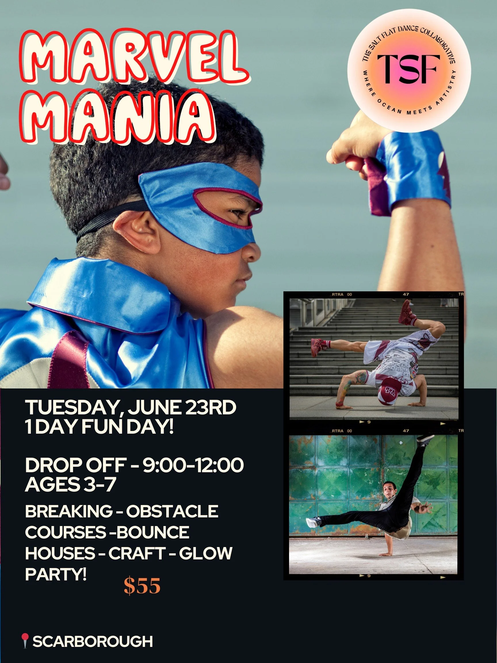 A promotional poster for Marvel Mania featuring children dressed as superheroes and engaging in various activities such as breakdancing and gymnastics, with event details and a price listed. The poster includes images of children doing dance and parkour activities.