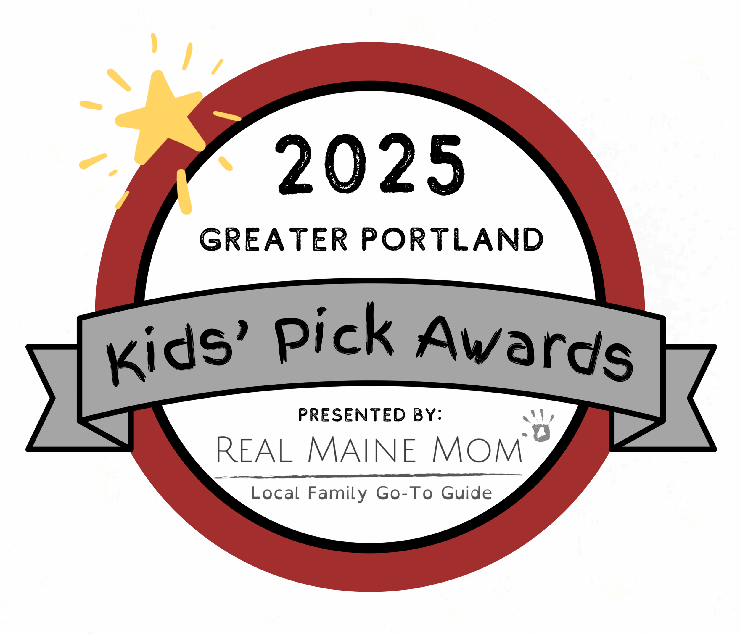 Logo for the 2025 Greater Portland Kids' Pick Awards presented by Real Maine Mom, featuring a circular design with a red border, a gold star, and text inside.