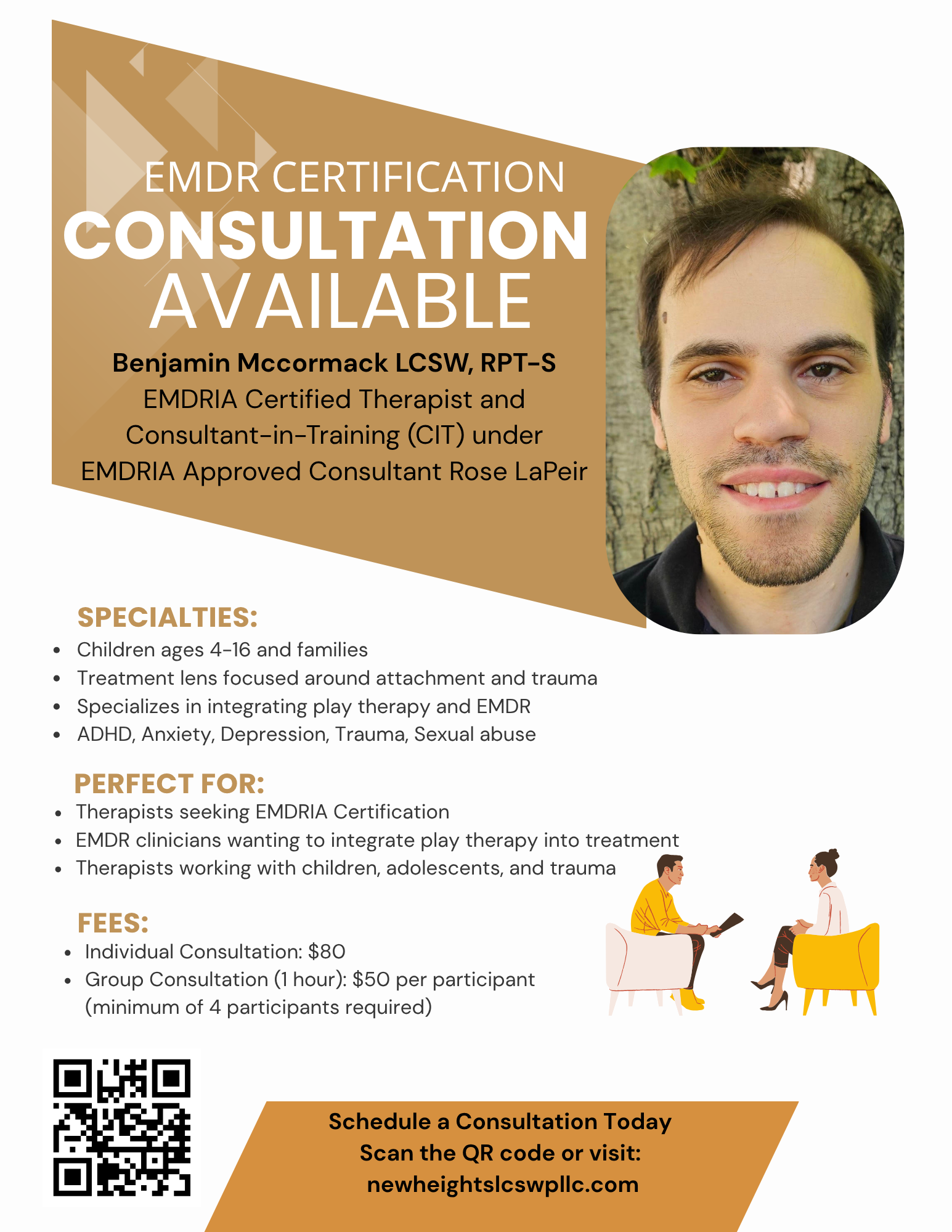 Flyer for EMDR certification consultation, featuring a young man smiling outdoors, with text about certification details, specialties, fees, and a QR code for scheduling a consultation.
