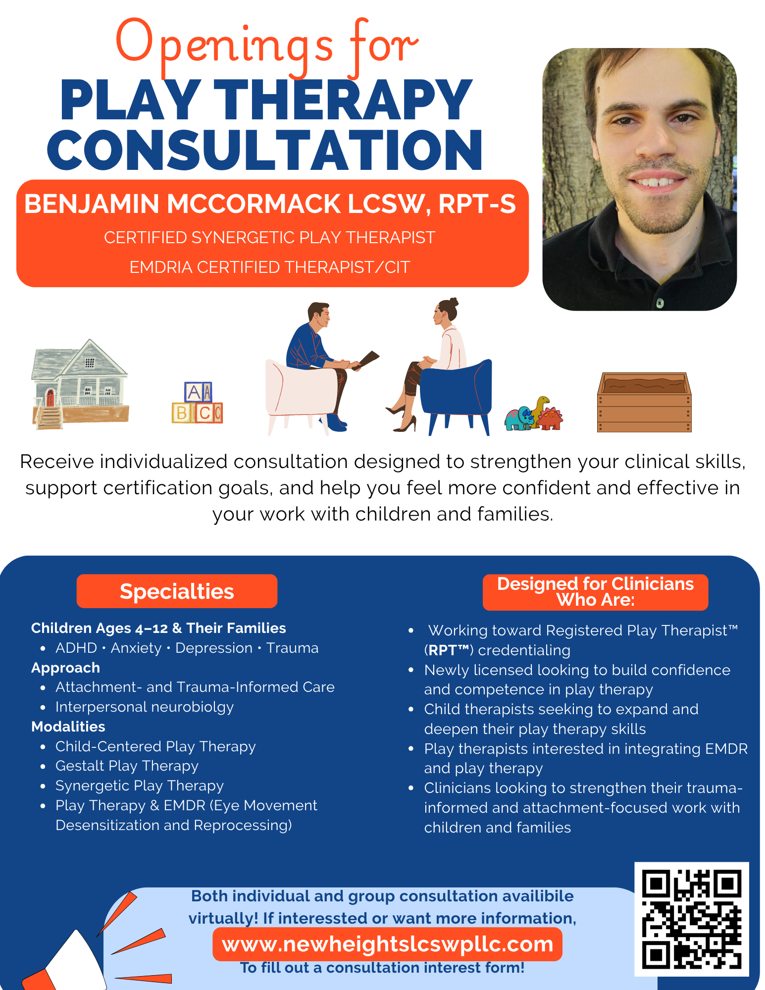 A flyer titled "Openings for Play Therapy Consultation" featuring a headshot of Benjamin McCormack, a therapist, with contact and service information, colorful illustrations including toys, children, and therapy tools, and a QR code for more details.