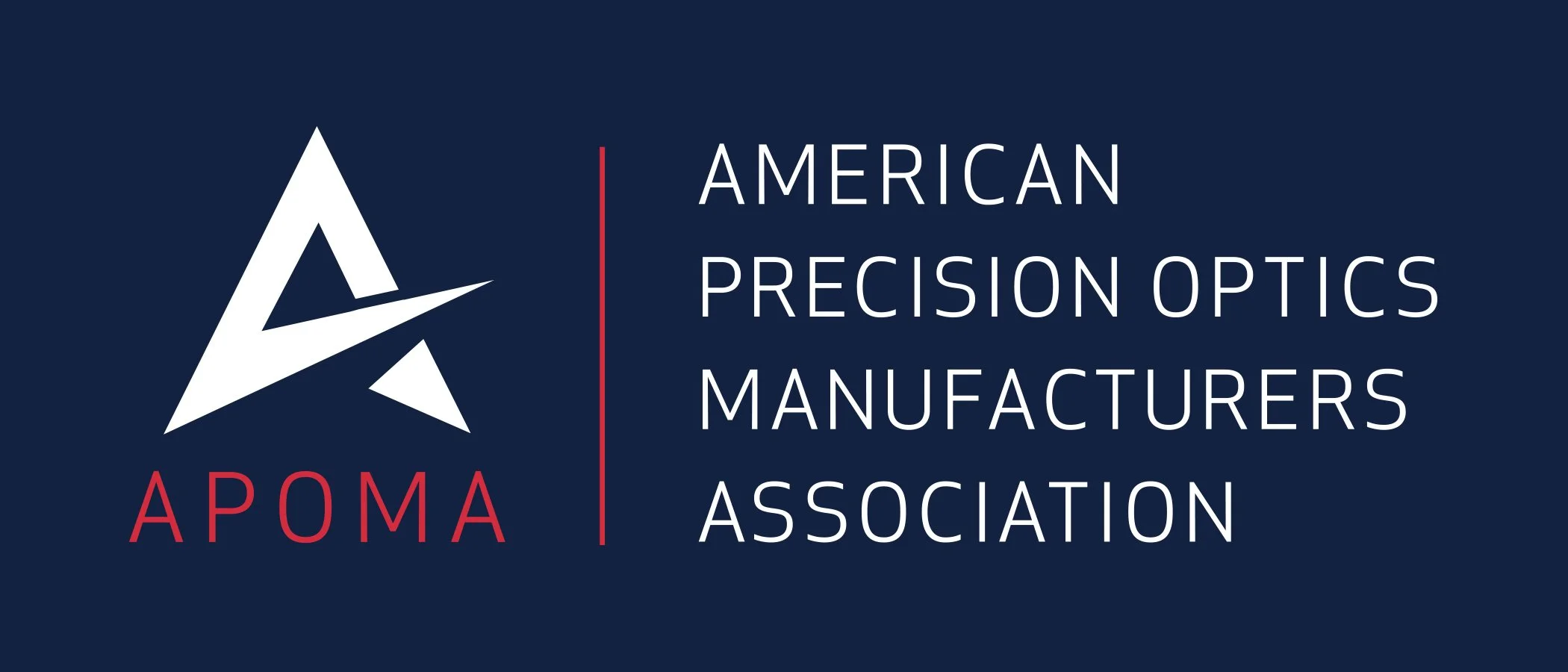 Logo of the American Precision Optics Manufacturers Association featuring a stylized white star, with the acronym APOMA in red and the full name in white on a dark blue background.