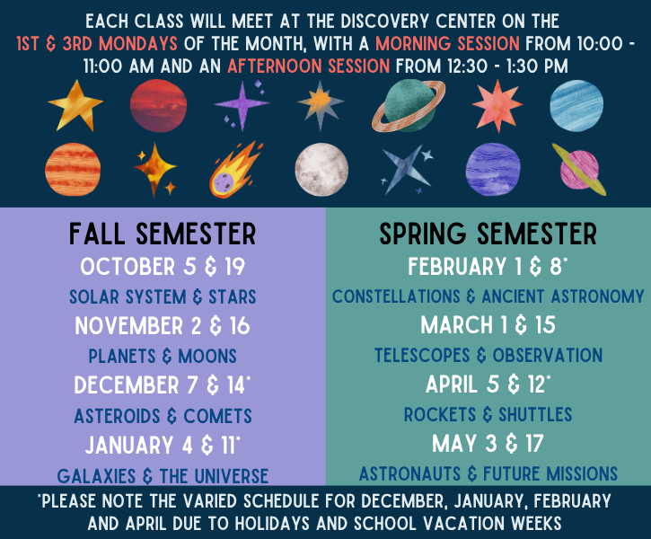 Class schedule poster with decorative space-themed graphic at the top, divided into 'Fall Semester' and 'Spring Semester' with dates and topics listed for each, including astronomy subjects like planets, moons, telescopes, and astronauts.