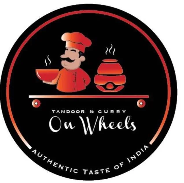 Logo for Tandoor & Curry On Wheels featuring a cartoon chef holding a bowl and a steam-emitting Indian dish, with text 'Tandoor & Curry On Wheels' and 'An Authentic Taste of India'.