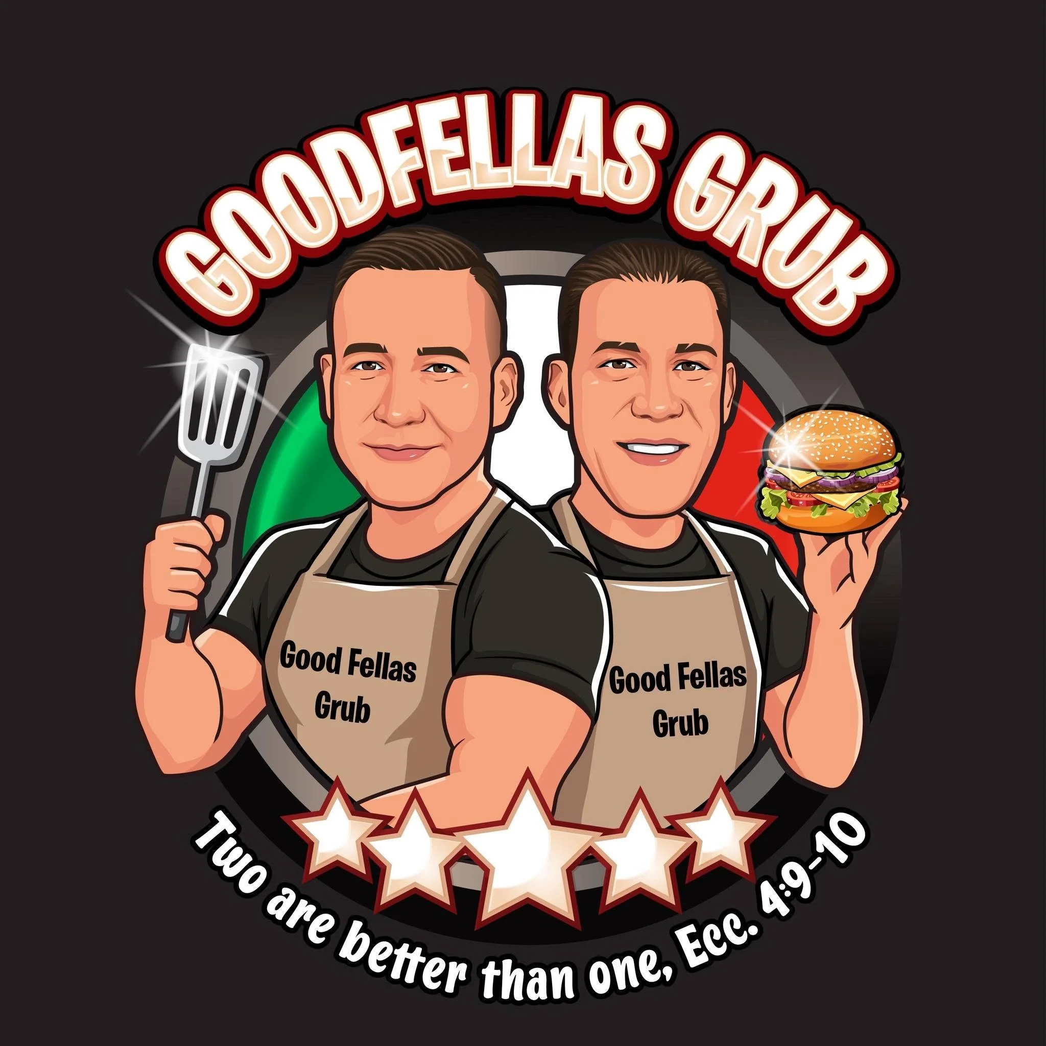 Digital illustration of two men with light skin and short hair, wearing aprons with the words 'Good Fellas Grub', holding a fork and a burger, with a circular design, Stars, and a rainbow-colored background, and the text 'Tuo', 'are better than one, etc.'