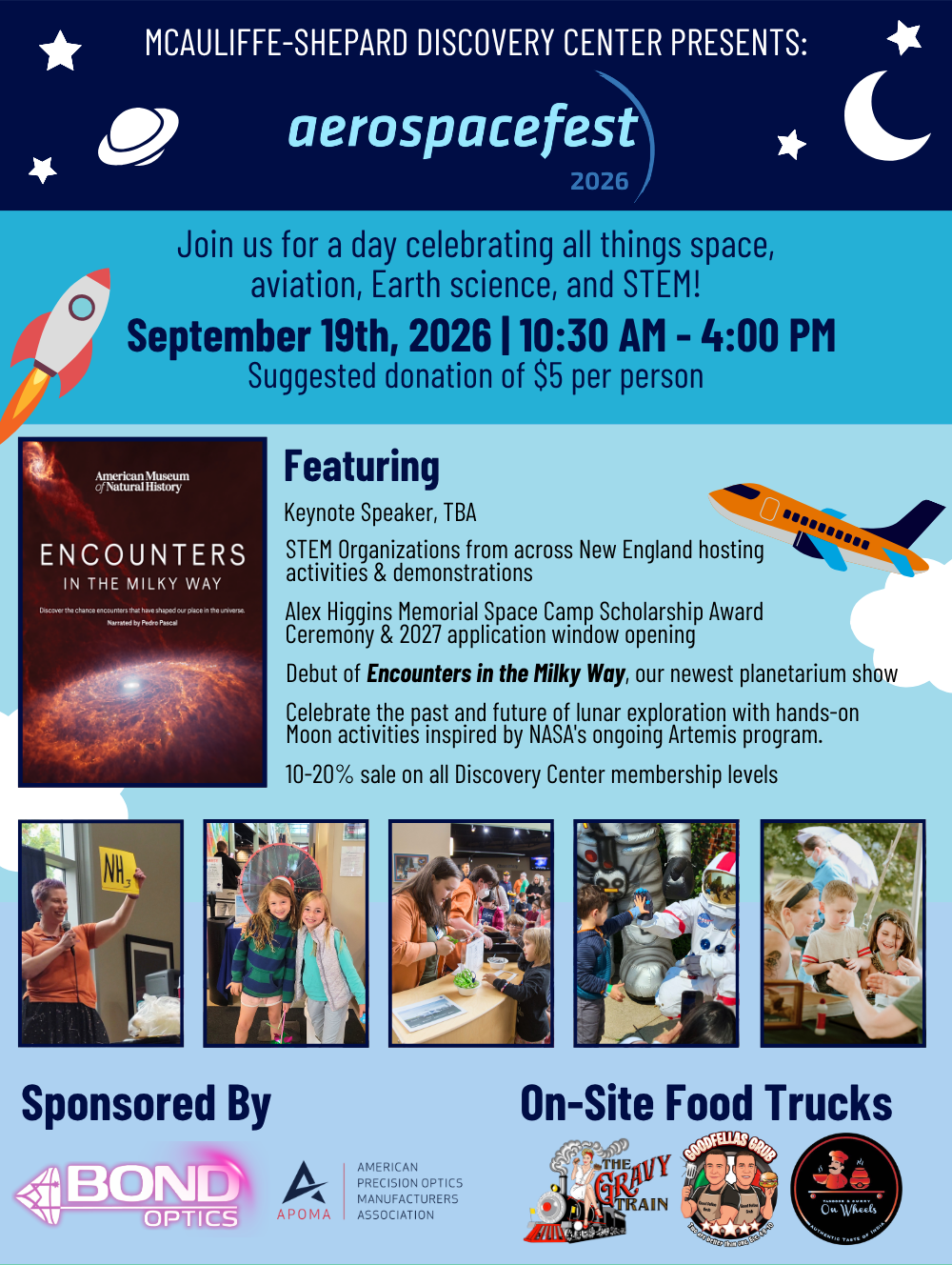 Event poster for aerospacefest 2026 at McAuliffe-Shepard Discovery Center, scheduled for September 19th, 2026, from 10:30 AM to 4:00 PM. The poster features a rocket, stars, moon, and an airplane illustration, with details about activities including a keynote speaker, STEM demonstrations, a space camp scholarship award, a planetarium show, and moon activities, with on-site food trucks and sponsor logos.