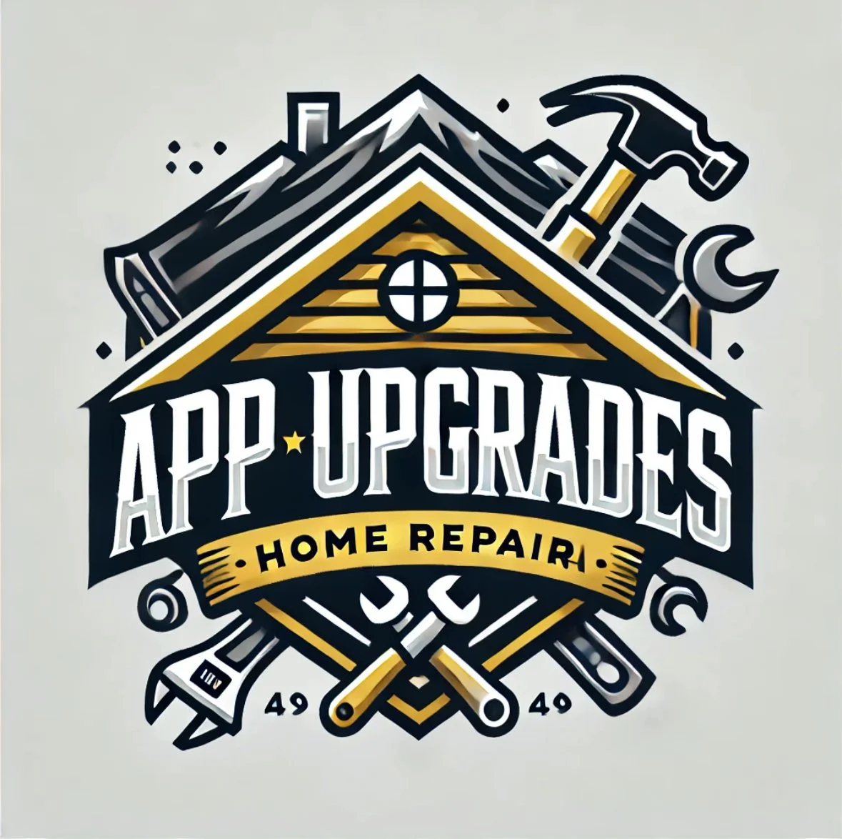 Logo for APP UPGRADES Home Repair, featuring a house with tools like a hammer, wrench, and screwdriver surrounding it, and mountains in the background.