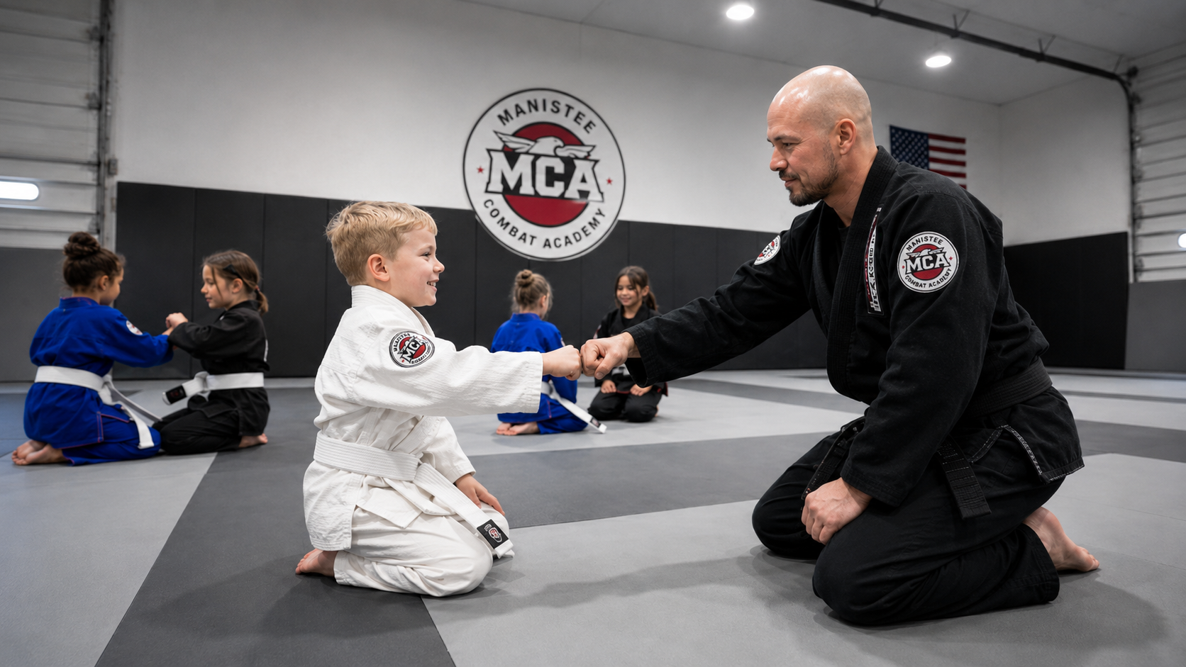 Coach Bren welcoming a young Jiu Jitsu student at Manistee Combat Academy