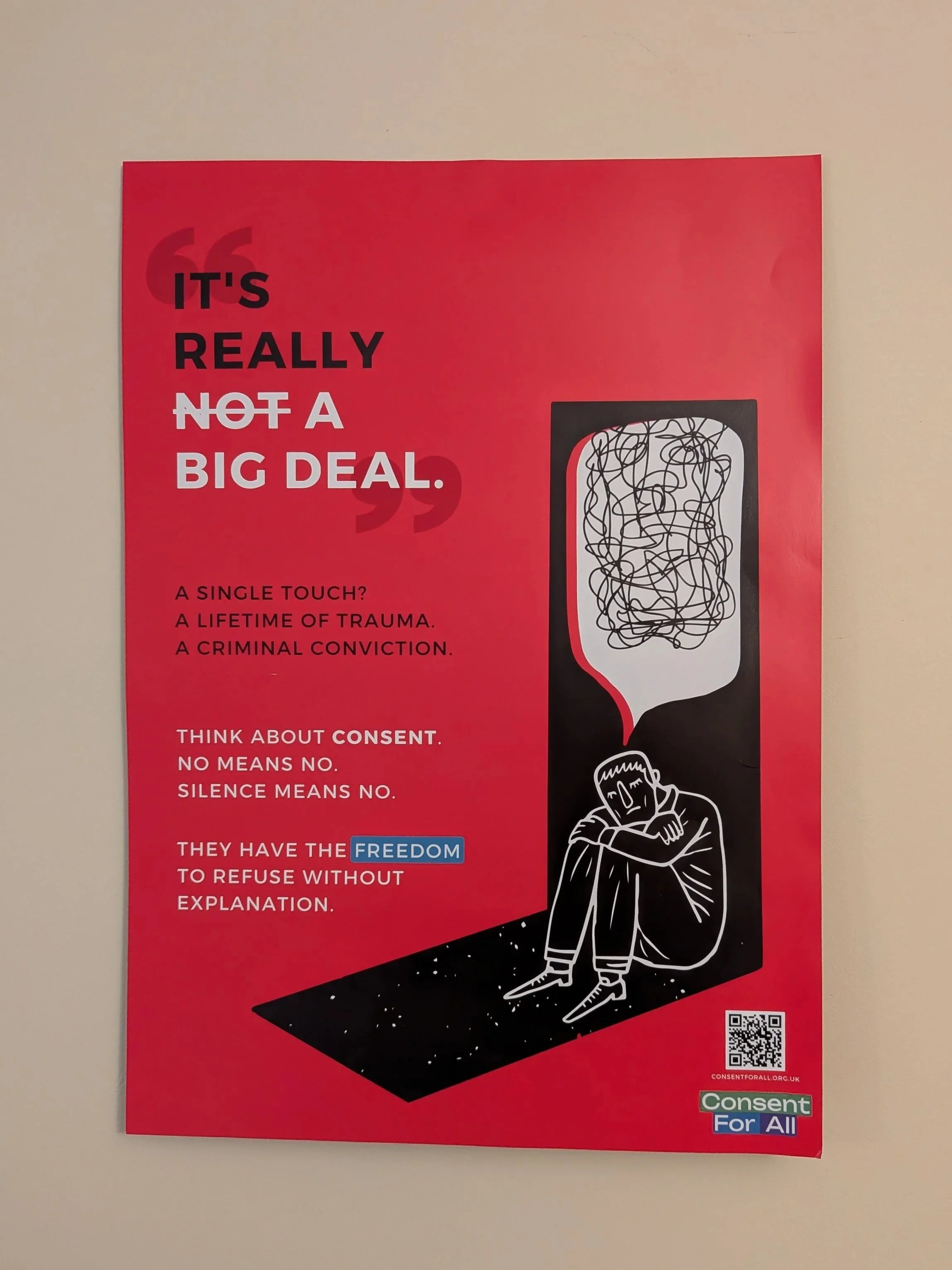 A photo of a poster describing the importance of asking for consent, produced by Consent For All.