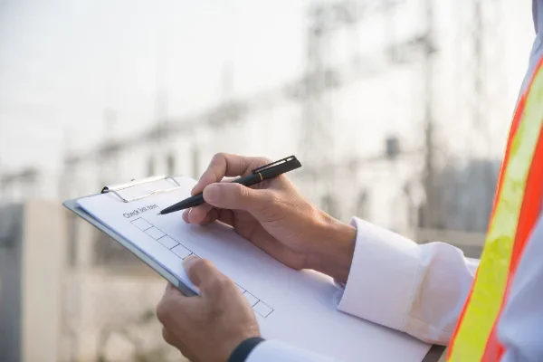 Person in a white shirt and high-visibility safety vest writing on a clipboard outdoors against a background of a building.