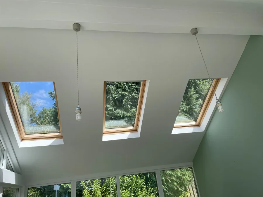 Vaulted ceiling with three Velux roof windows in a newly built garden room at Newmill Cottage