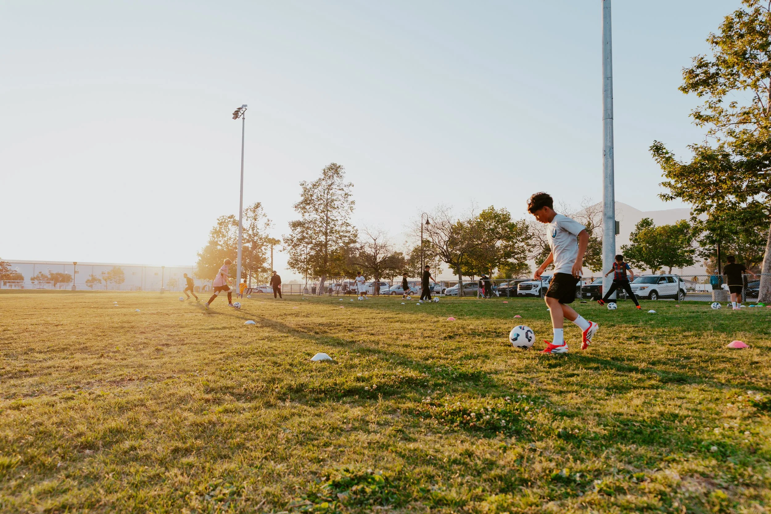 Children participating in a soccer practice on a grassy field during sunset, with some children dribbling soccer balls between cone markers, and trees and parked cars in the background.