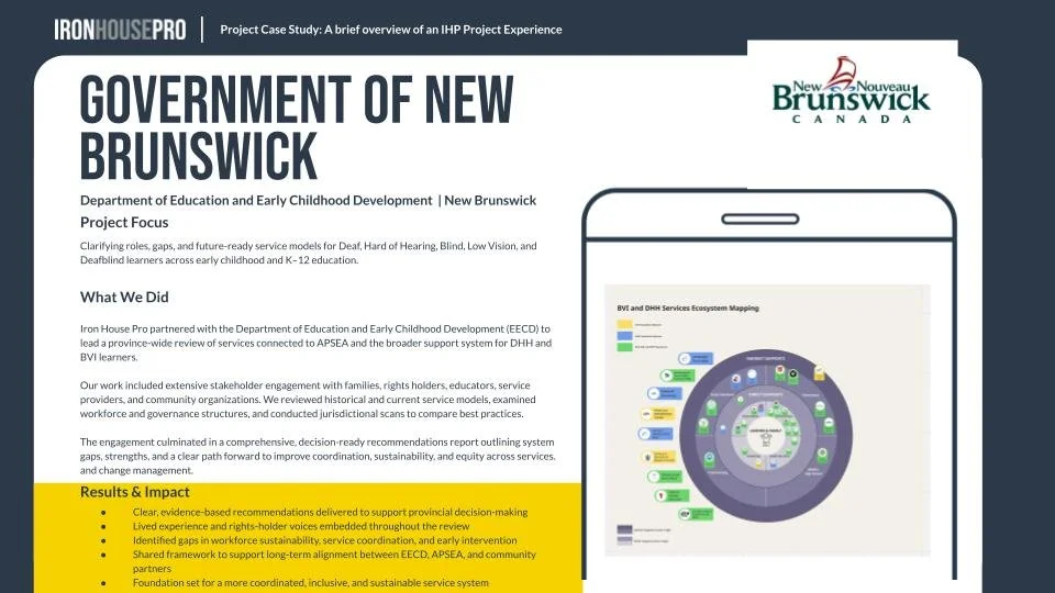 Government of New Brunswick – Department of Education and Early Childhood Development

Provincial government case study featuring service model review, stakeholder engagement, ecosystem mapping, and strategic recommendations to improve coordination, 