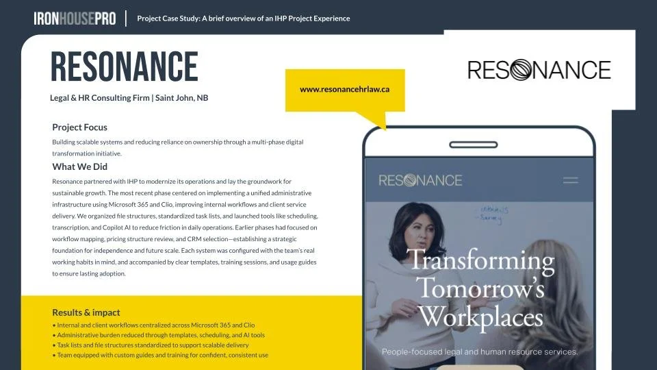 Resonance – Legal & HR Consulting Firm (Saint John, NB)

Case study of Resonance, a Saint John legal and HR consulting firm, highlighting digital transformation, Microsoft 365 and Clio implementation, workflow standardization, and administrative syst