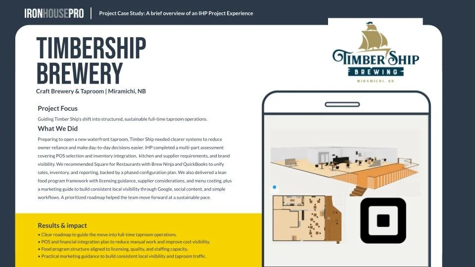 Timbership Brewery – Miramichi, NB

Craft brewery operations consulting project showcasing POS integration, financial systems alignment, workflow mapping, and structured growth planning to support full-time taproom operations and sustainable expansio