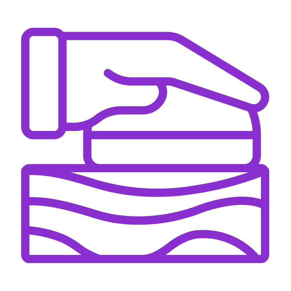 Line art illustration of a hand using a small hand-sander on wood—representing how solid hardwood floors can be sanded and refinished to extend their lifespan and restore their beauty.