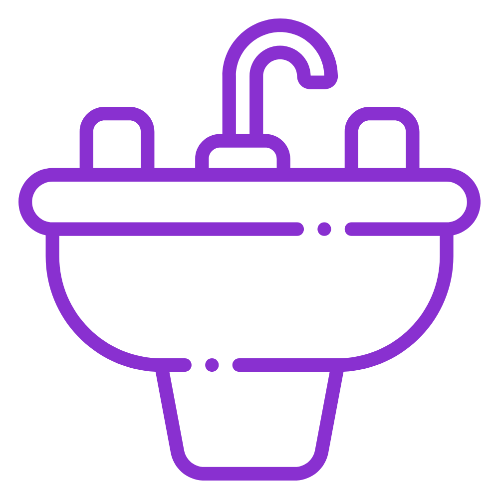 Line art illustration of a bathroom sink—highlighting that Woodsman also offers design and remodeling services for bathrooms, offices, closets, and other interior spaces.