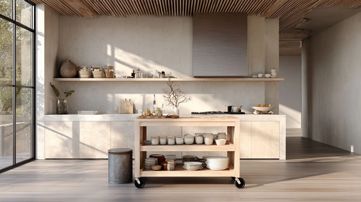 Minimalist kitchen with natural wood finishes, a slatted wood ceiling, and a moveable open-shelf cart stocked with dishes and pantry jars. Large windows allow sunlight to fill the serene, earthy space.