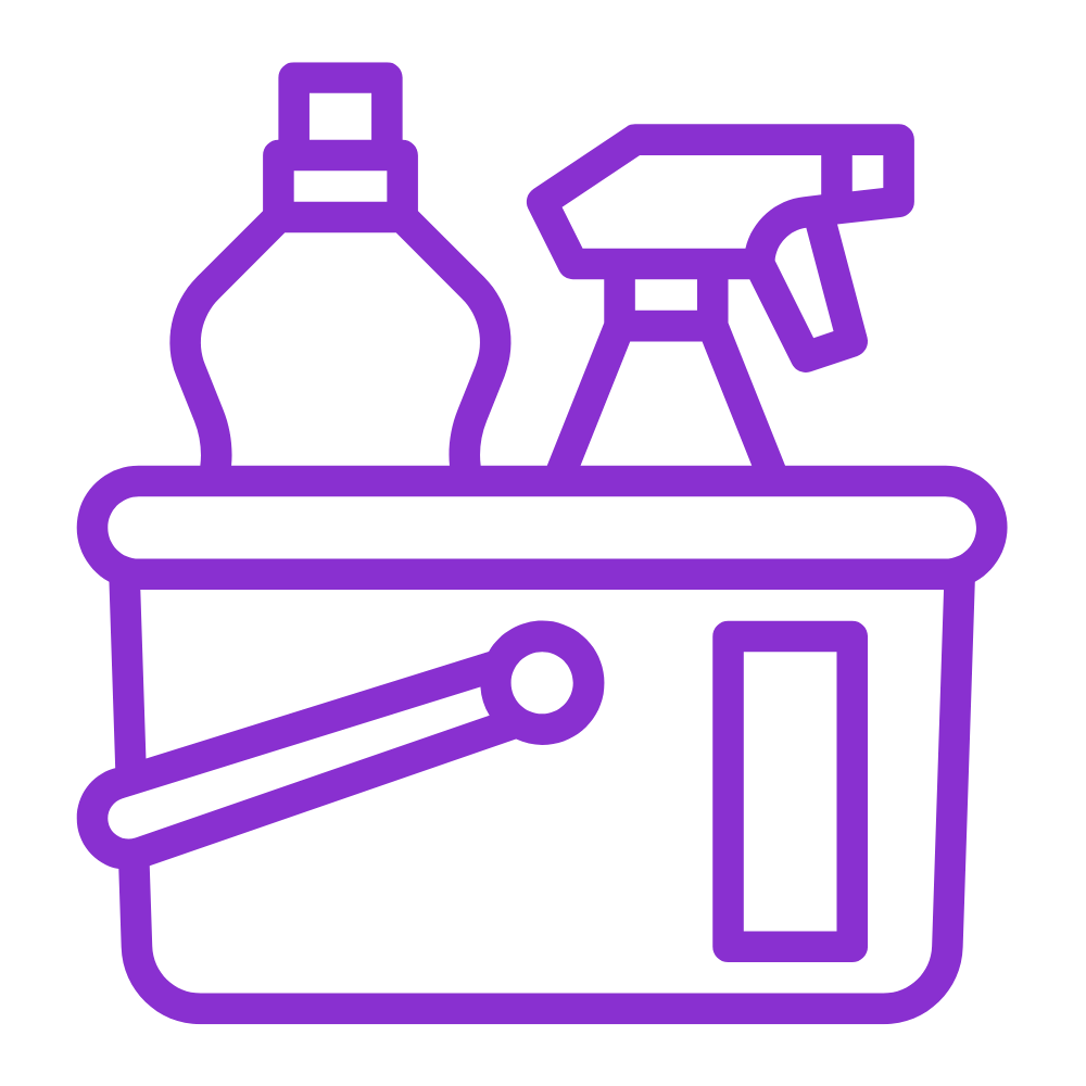 Line art illustration of a bucket filled with cleaning supplies—representing easy maintenance and care for remodeling surfaces like countertops and flooring.