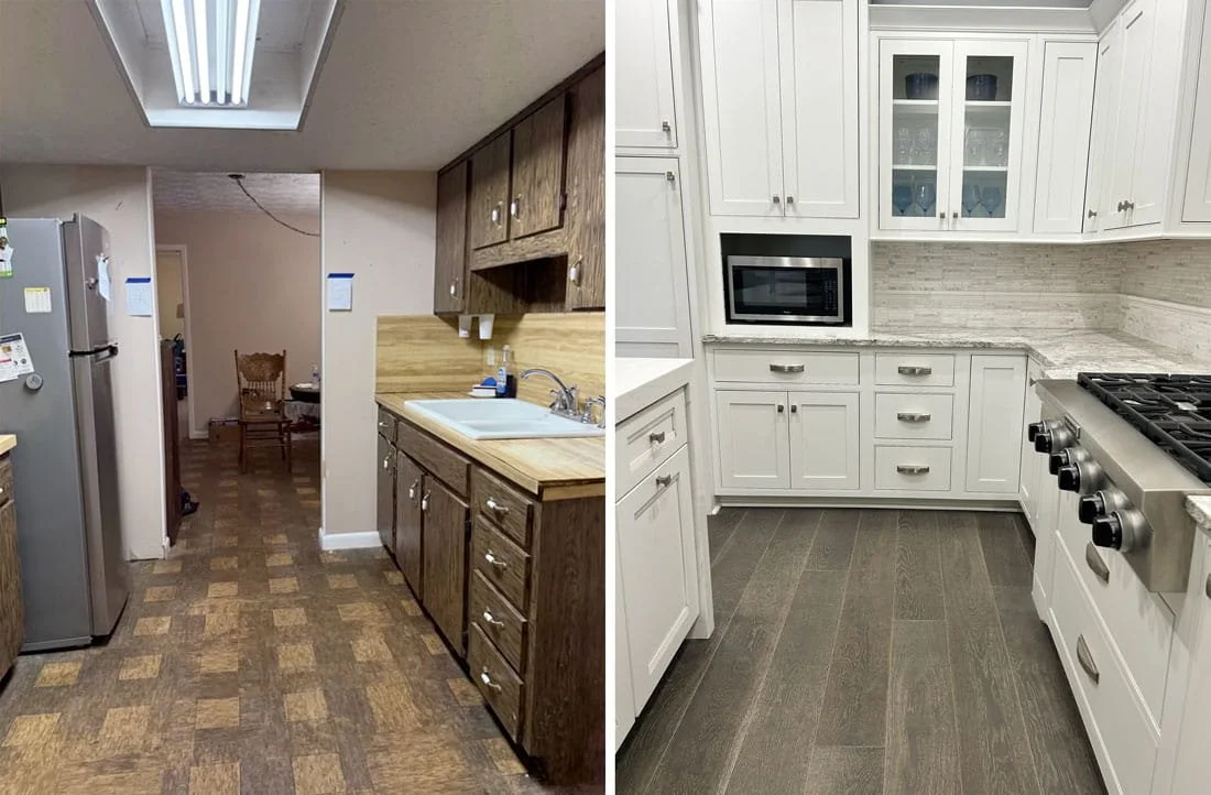 An older kitchen with dark wood cabinets and laminate counters next to a new kitchen with quartz countertops and white cabinets