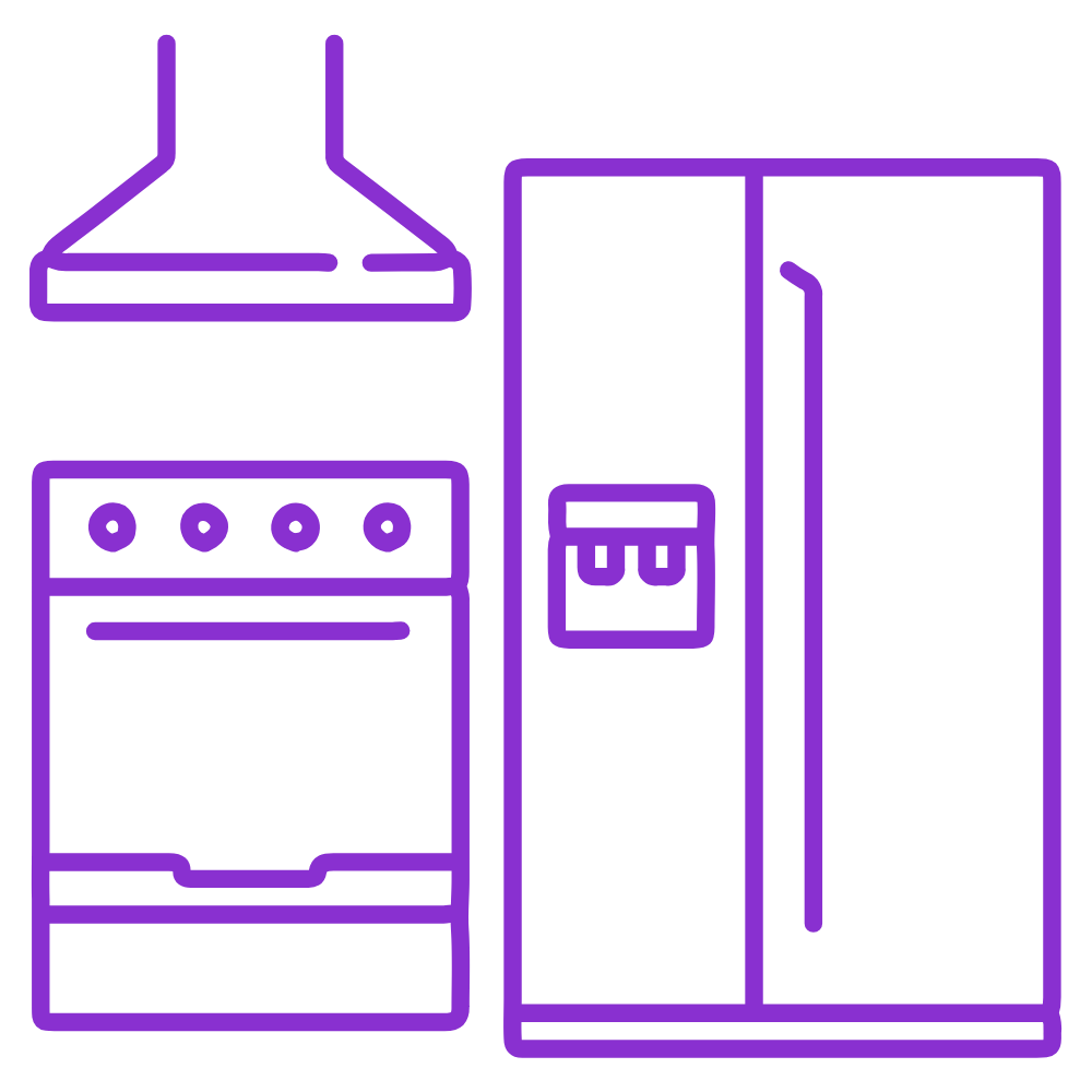 Line art illustration of a small kitchen with a refrigerator, oven, and hood vent—representing Woodsman’s expert kitchen remodeling services and custom design solutions.