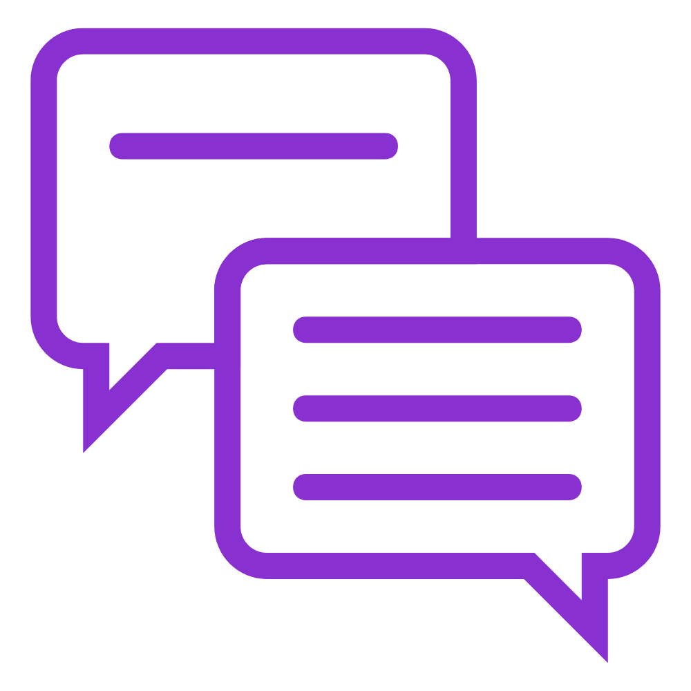 A purple line drawing of two chat bubbles showing a conversation is happening