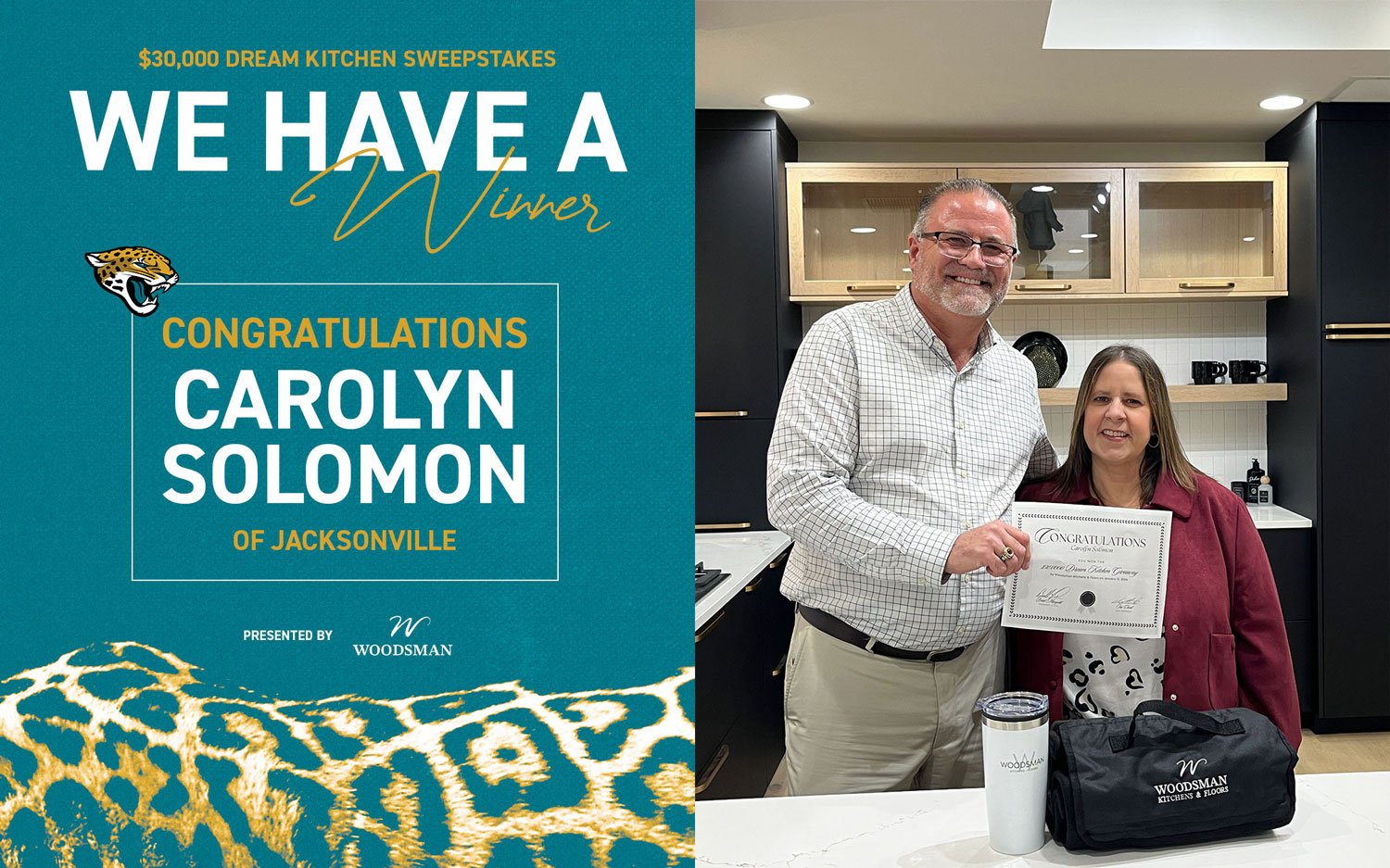 Side-by-side image with a graphic announcing Carolyn Solomon as the Dream Kitchen Sweepstakes winner and a photo of Woodsman president Brad Mangold standing next to Carolyn, who holds a certificate.