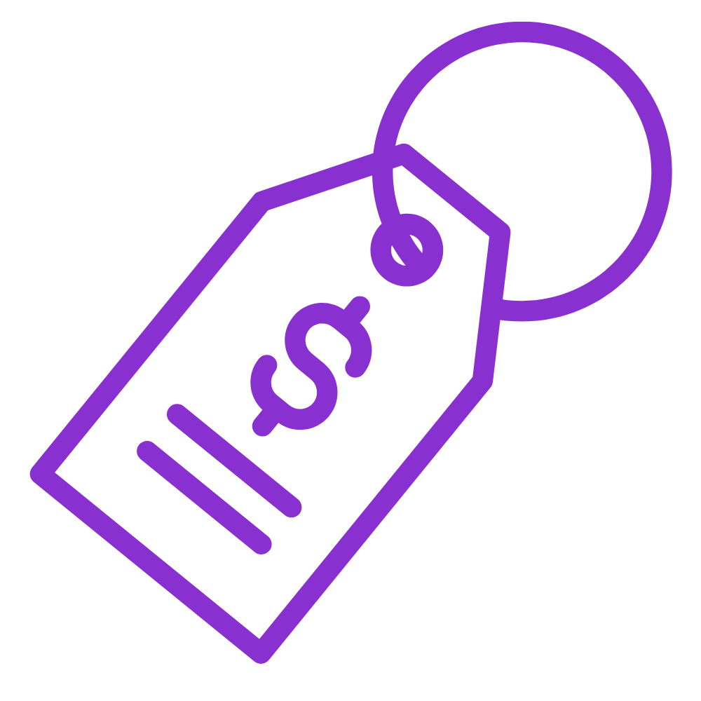 A purple line-drawing icon of a price tag with a dollar sign on it and some implied writing