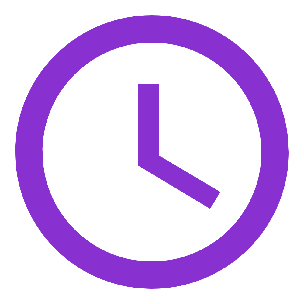 A purple line drawing icon of an analog clock with hands
