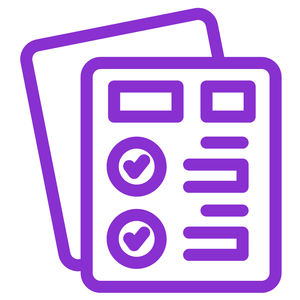 A purple line-drawing icon of papers in a stack with writing on the top paper