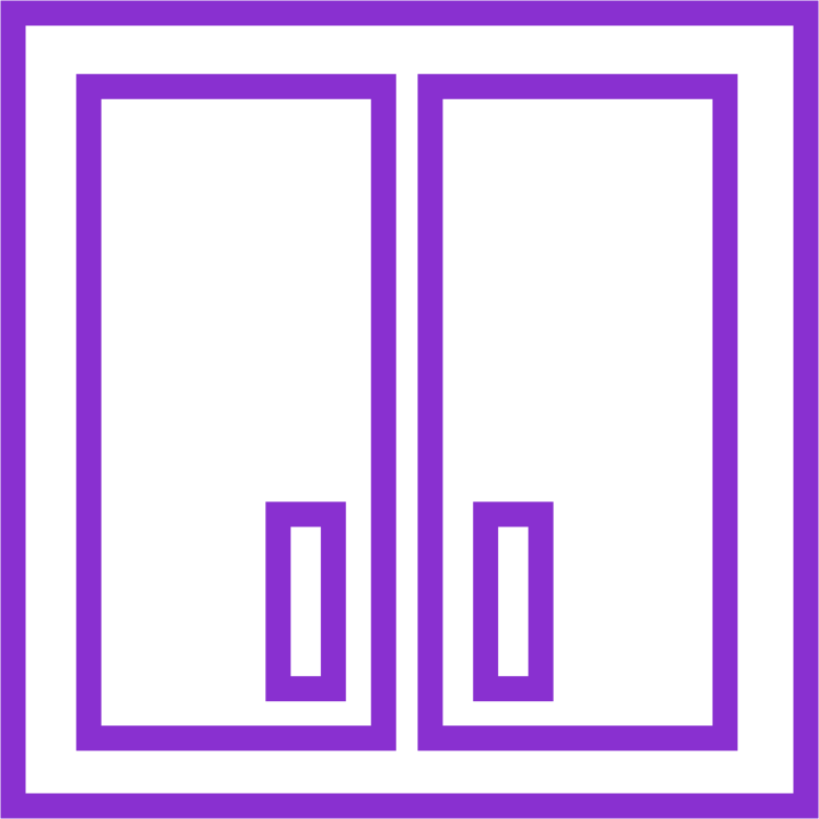 A purple line drawing of a front view of a cabinet with two doors