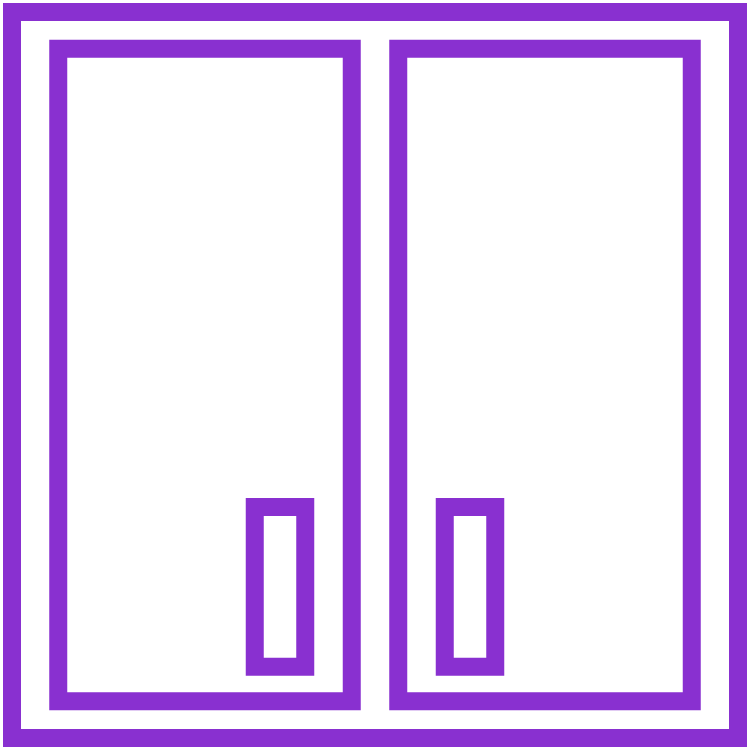 A purple line drawing of a front view of a cabinet with two doors