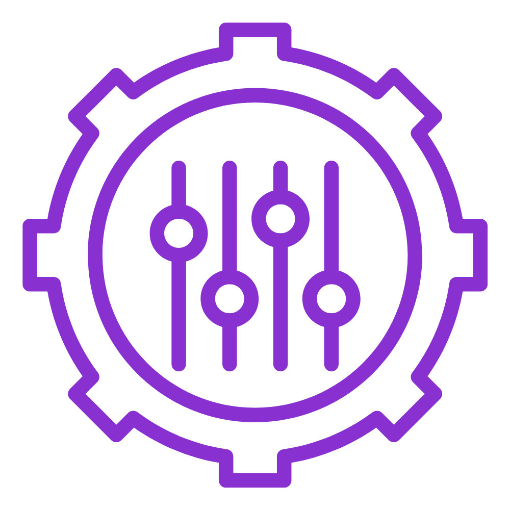 Line art illustration of a control panel inside a gear icon—symbolizing custom kitchen design and personalized remodeling solutions.