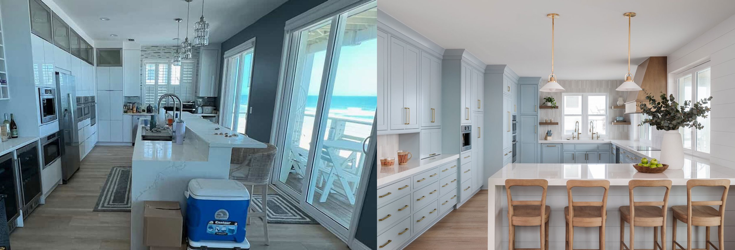 A before and after image of a kitchen with an improper layout and how our designer fixed that with a layout redesign.