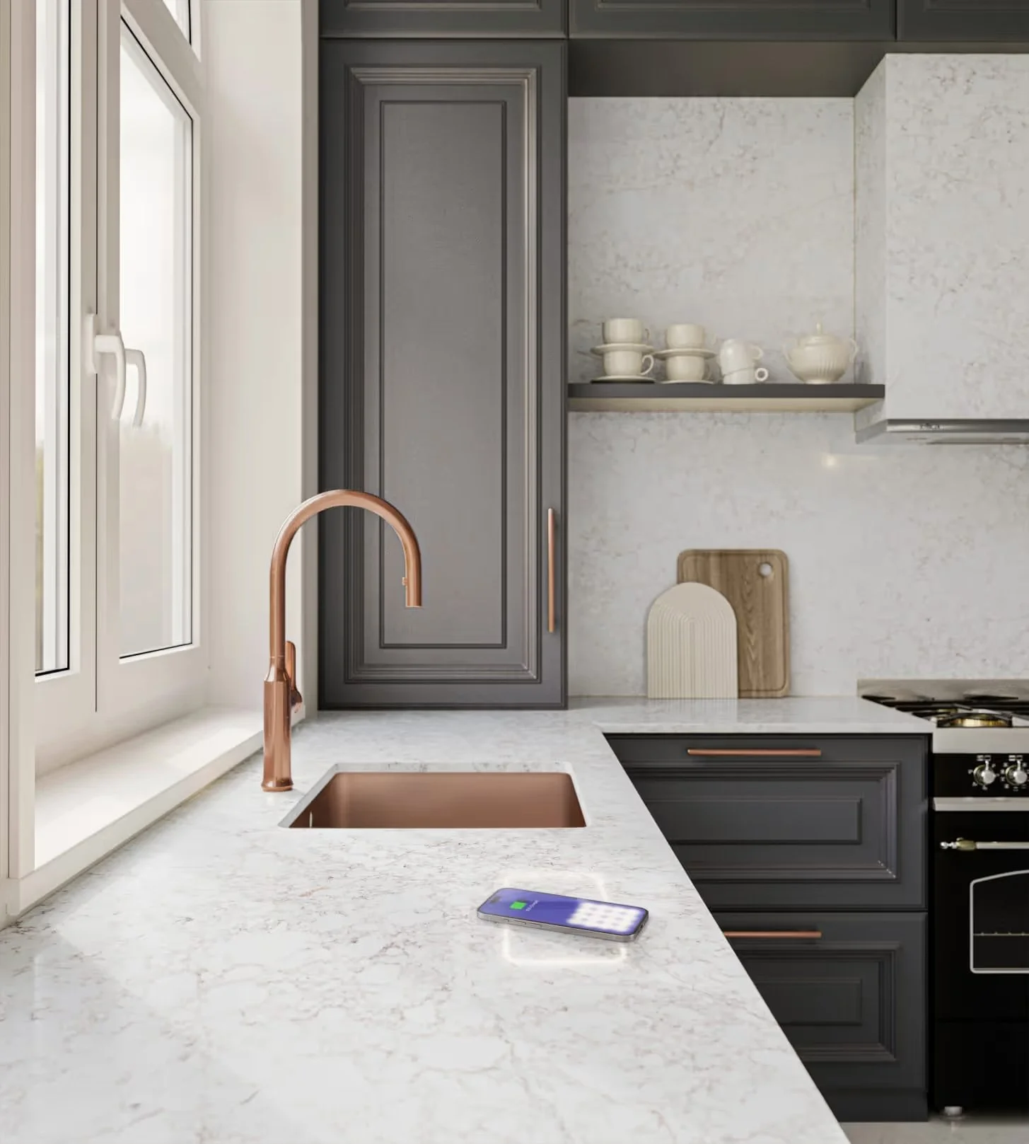 Jacksonville wireless charging countertops. Modern kitchen with white marble countertop, copper sink, copper faucet, and dark gray cabinets.