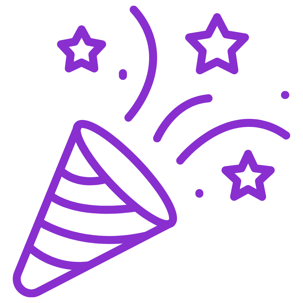 Purple outline of a party popper with stars and confetti coming out, symbolizing celebration.