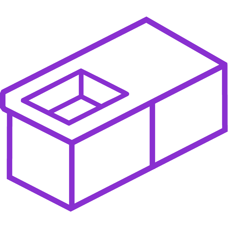 Line art illustration of a kitchen countertop with integrated sink and base cabinets, viewed from above at an angle — modern kitchen design concept in purple.
