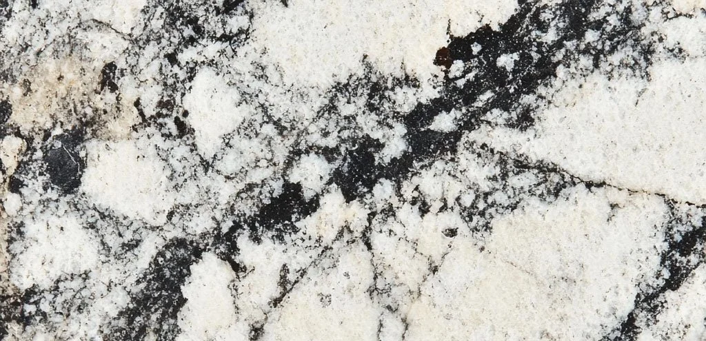 Close-up of granite with a white background and dramatic black veining, showcasing a bold natural stone pattern.