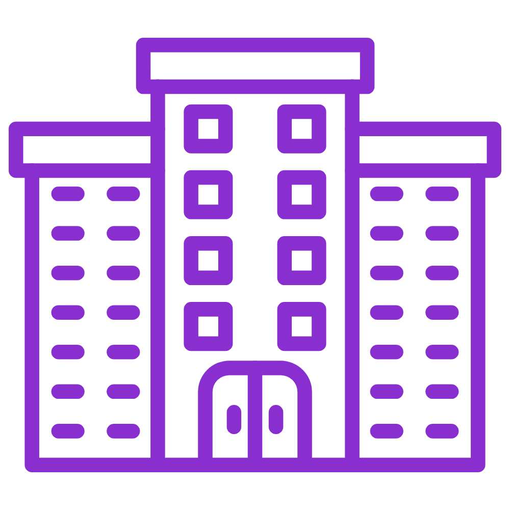 Purple line icon of a multi-story building with windows and a central entrance.