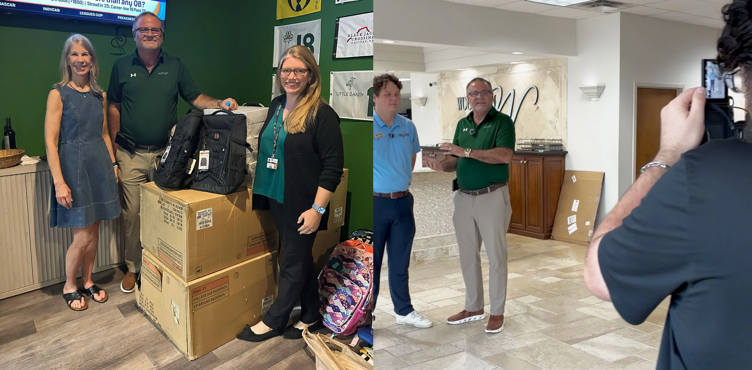 A side by side photo of Brad Mangold donating backpacks to two different organizations.