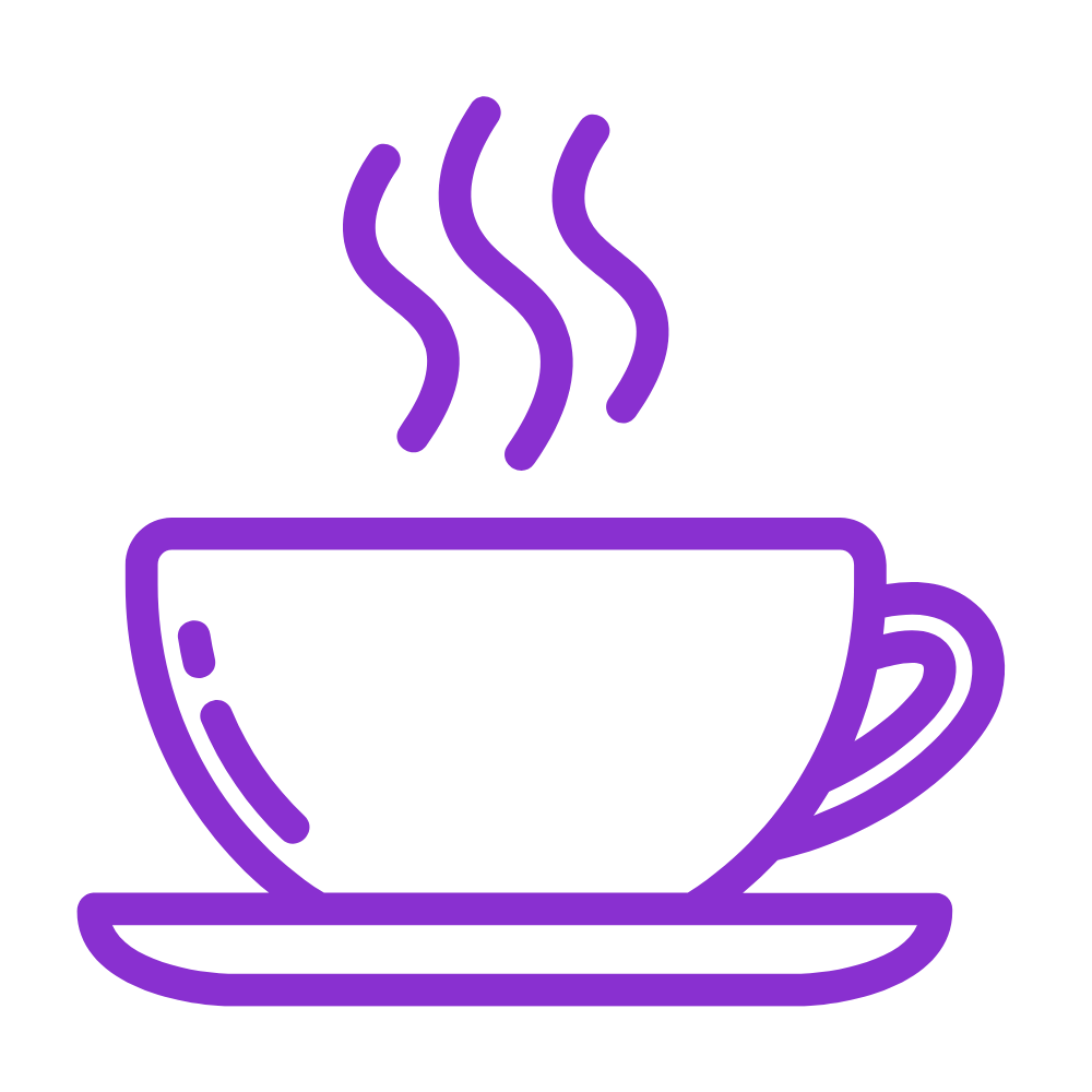 Line art illustration of a steaming mug on a saucer—representing heat resistance and long-lasting durability of surfaces like granite and quartz countertops.