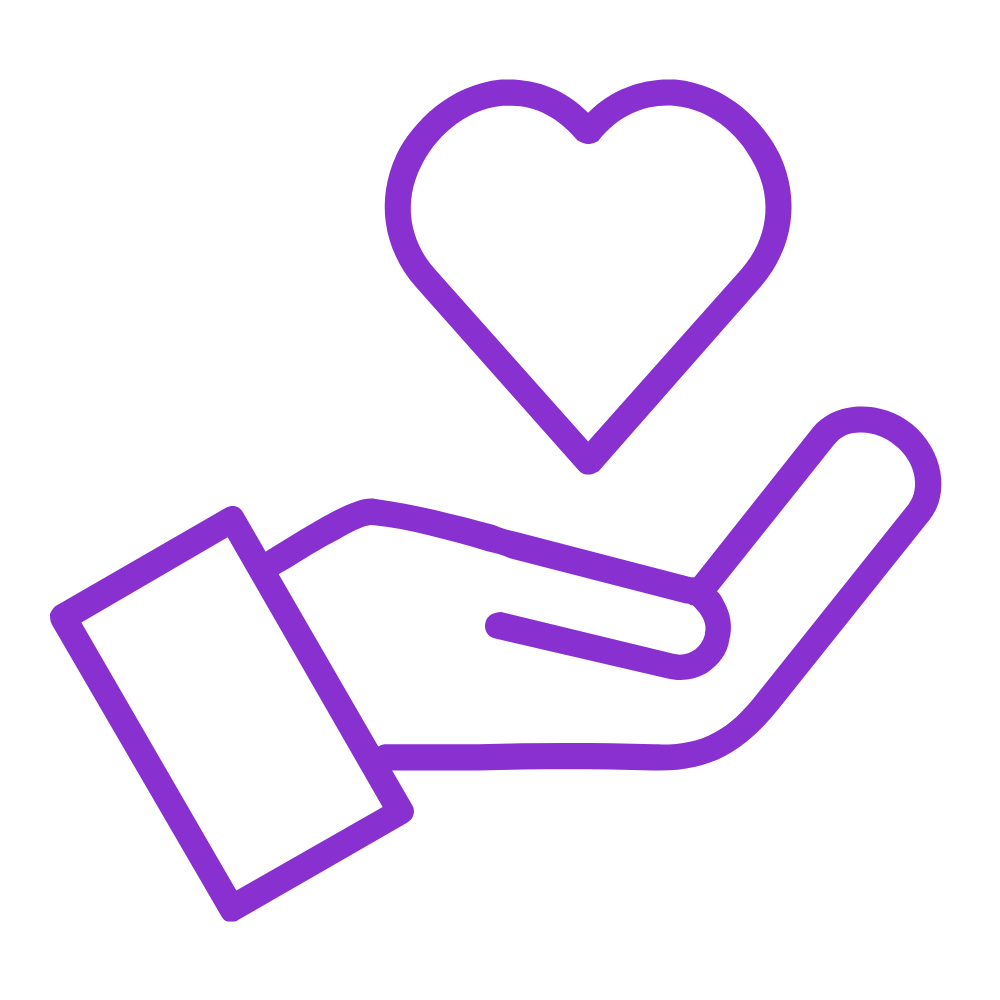Line art illustration of an upturned hand with a heart floating above—symbolizing Woodsman’s commitment to care, customer service, and people-first values.
