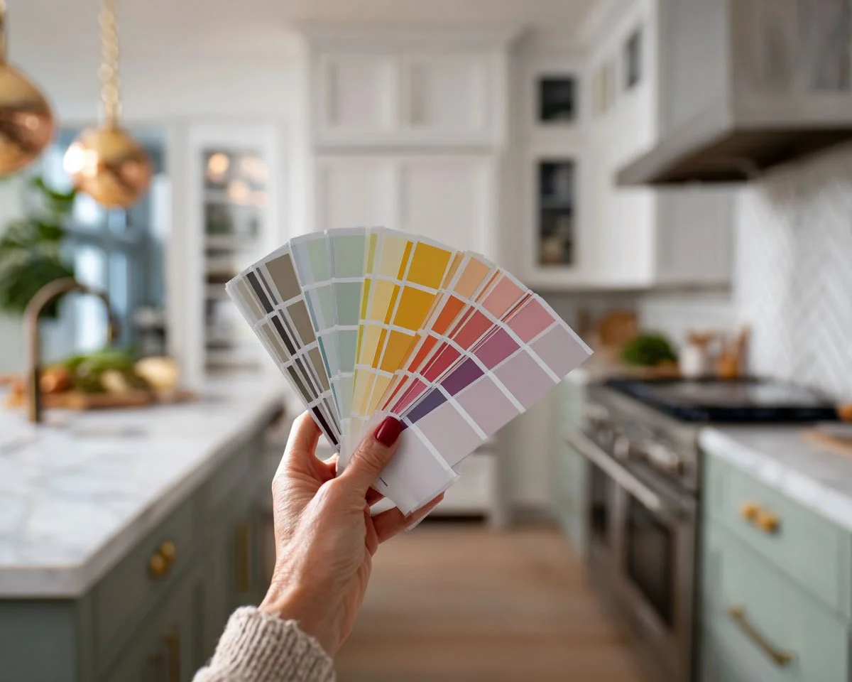 A hand holds a colorful fan of paint swatches in a stylish kitchen with soft green lower cabinets, white uppers, and warm brass hardware.