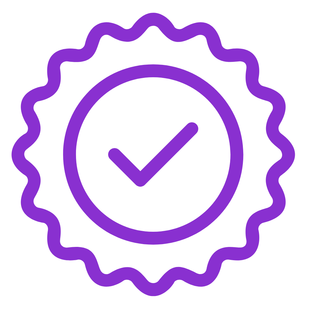 A purple line-drawing icon of a seal with a check mark inside