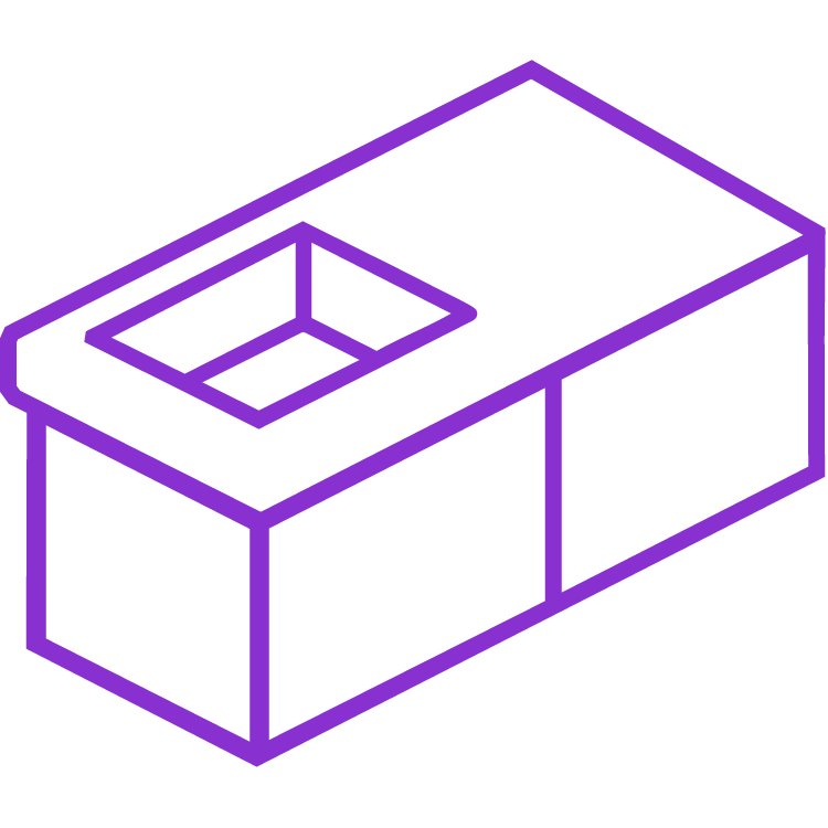 Line art illustration of a kitchen countertop with integrated sink and base cabinets, viewed from above at an angle — modern kitchen design concept in purple.