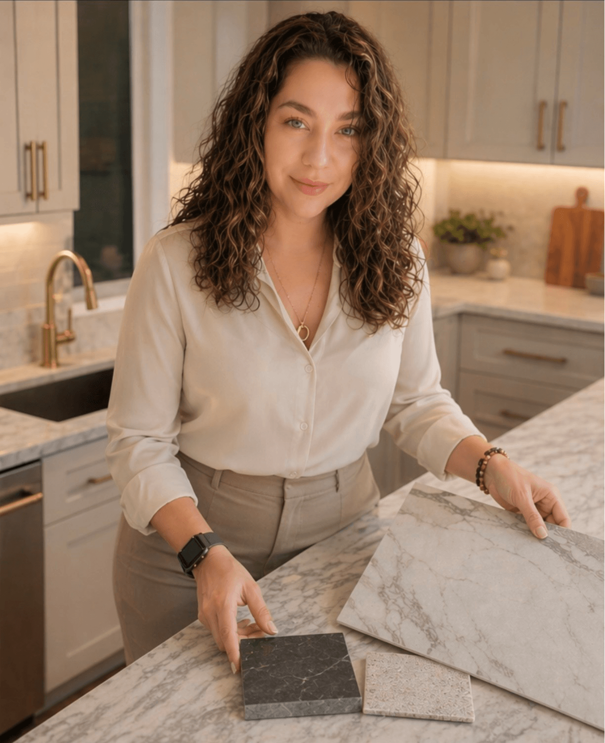 Designer Ann-Marie in a finished kitchen showing countertop samples.